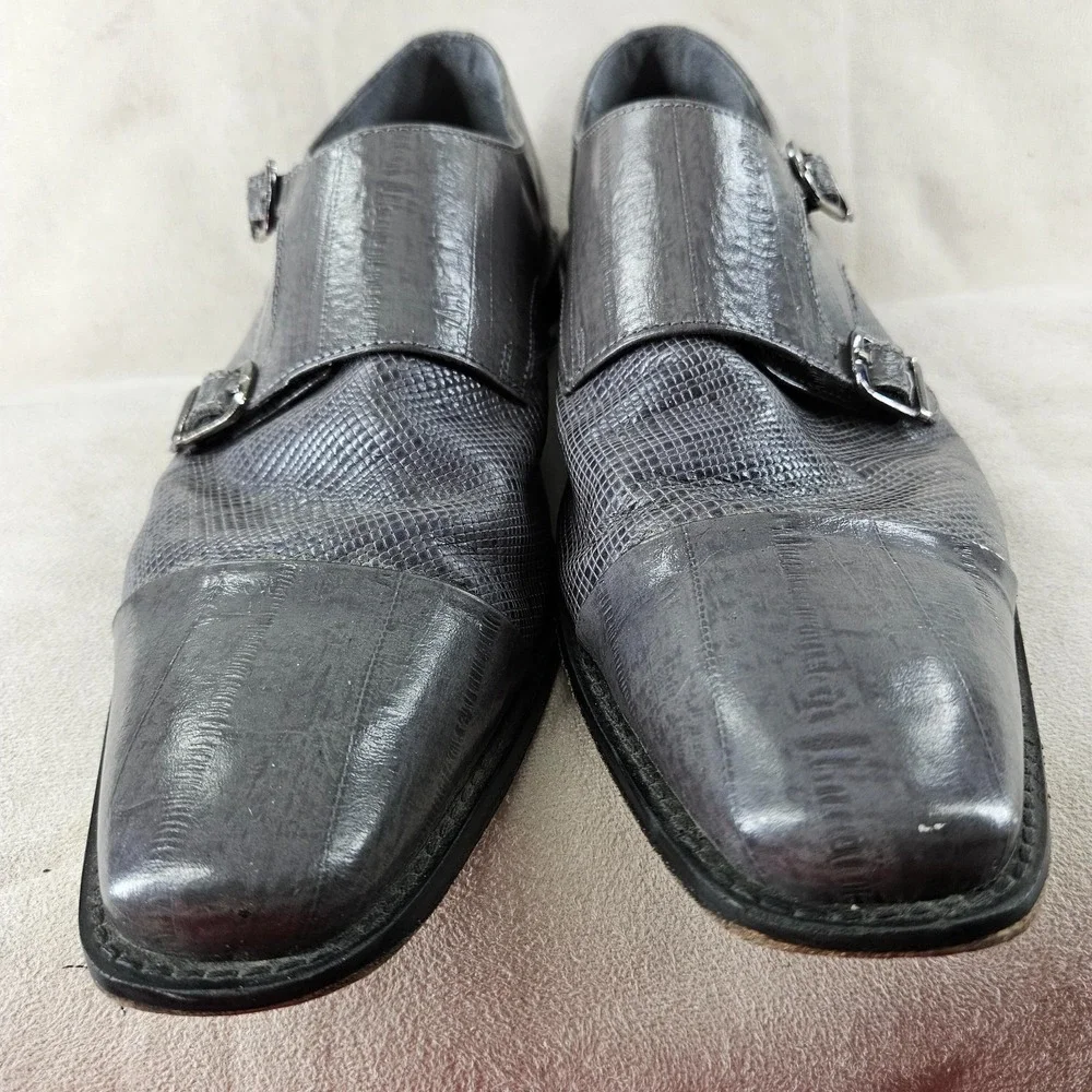 Stacy Adam Dress Shoes Mens 10.5 Gray Cow‎ Leather Double Monk Strap Cap Toe